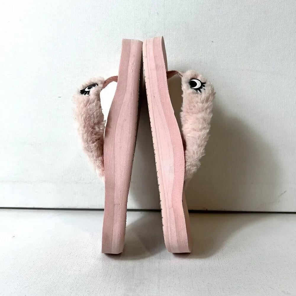 Reef Kids Flat Rubber Thong Pink Sandals Little Girls 11/12 Pink Faux Fur Straps